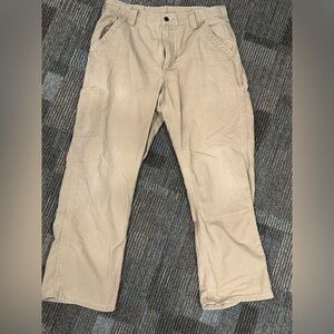 Carhartt Mens 34x30 Khaki Tan Canvas Carpenter Pants Loose Fit Work Utility